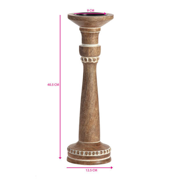 Handcrafted Carved Mango Wood Pillar Candleholder - 40cms