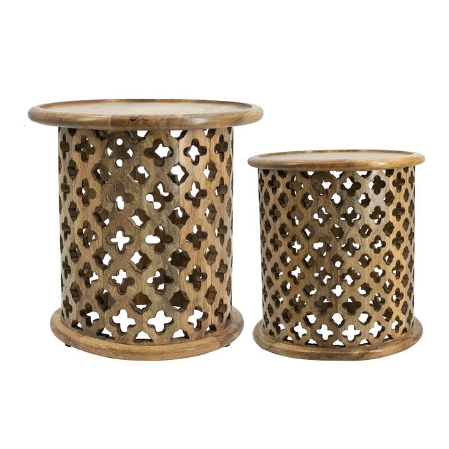 Handcrafted Jali Wood Side Tables - 2-Piece Set