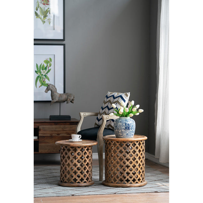 Handcrafted Jali Wood Side Tables - 2-Piece Set