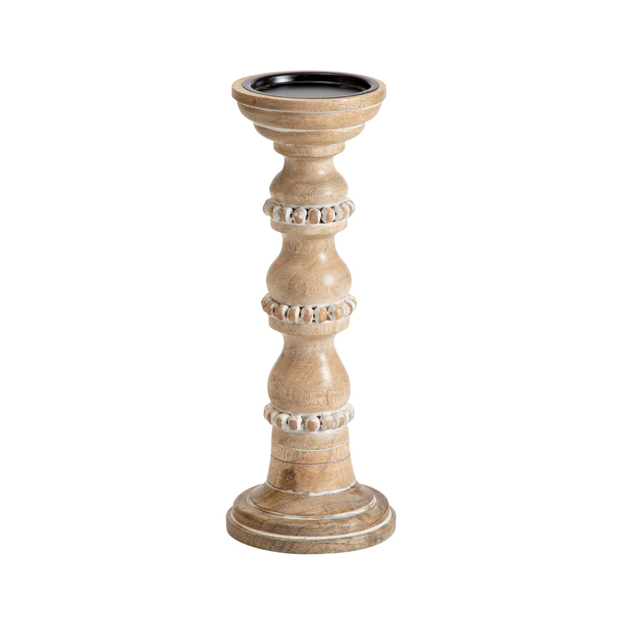 Handcrafted Mango Wood Beaded Pillar Candleholder - 12x30cms