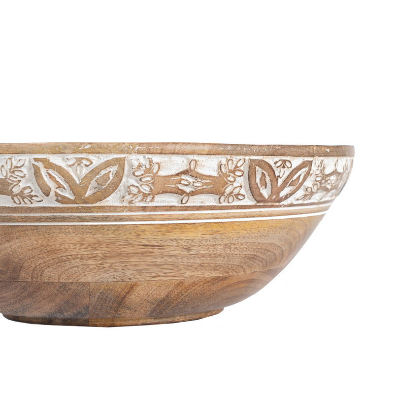 Handcrafted Mango Wood Bowl with Leaf Carving - 30x30x10cms