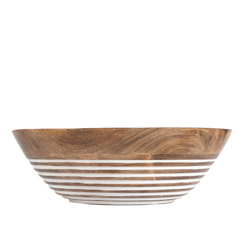 Handcrafted Mango Wood Bowl with White Carving - 30x30x10cms