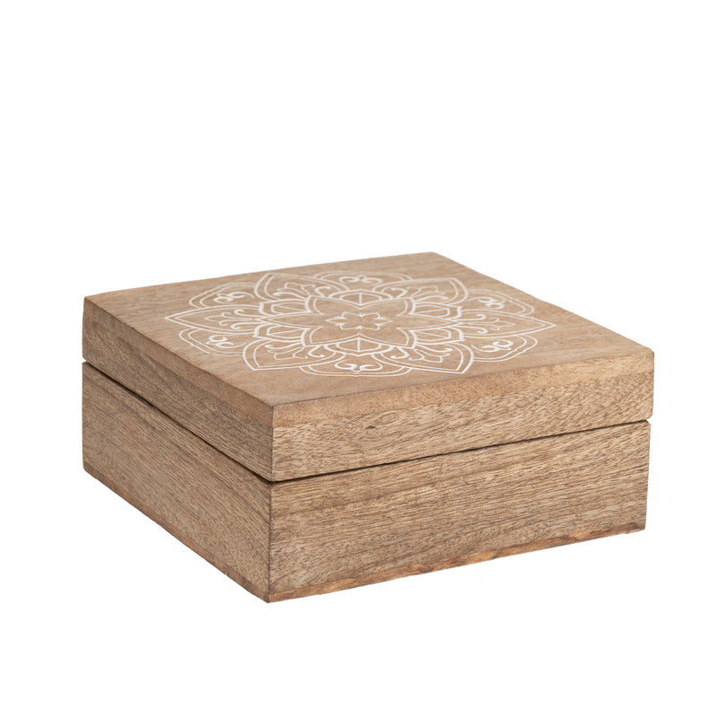 Handcrafted Mango Wood Carved Mandala Box - 14x14x6cms