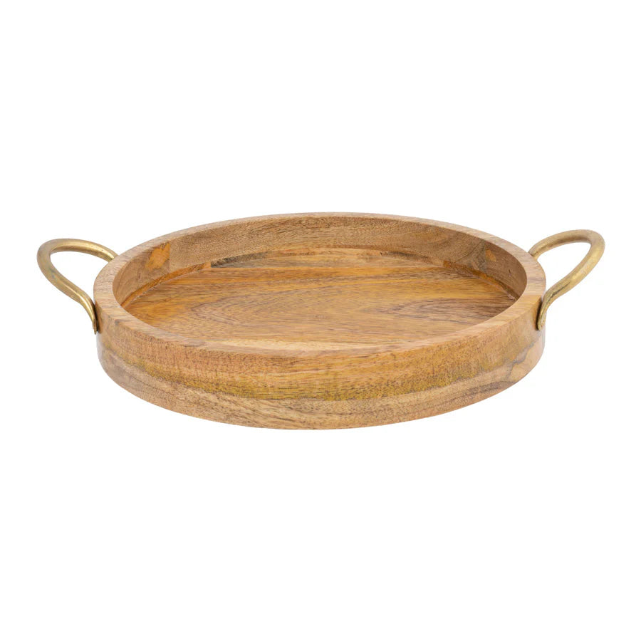 Handcrafted Mango Wood Round Tray with Handles -34x27x6cms