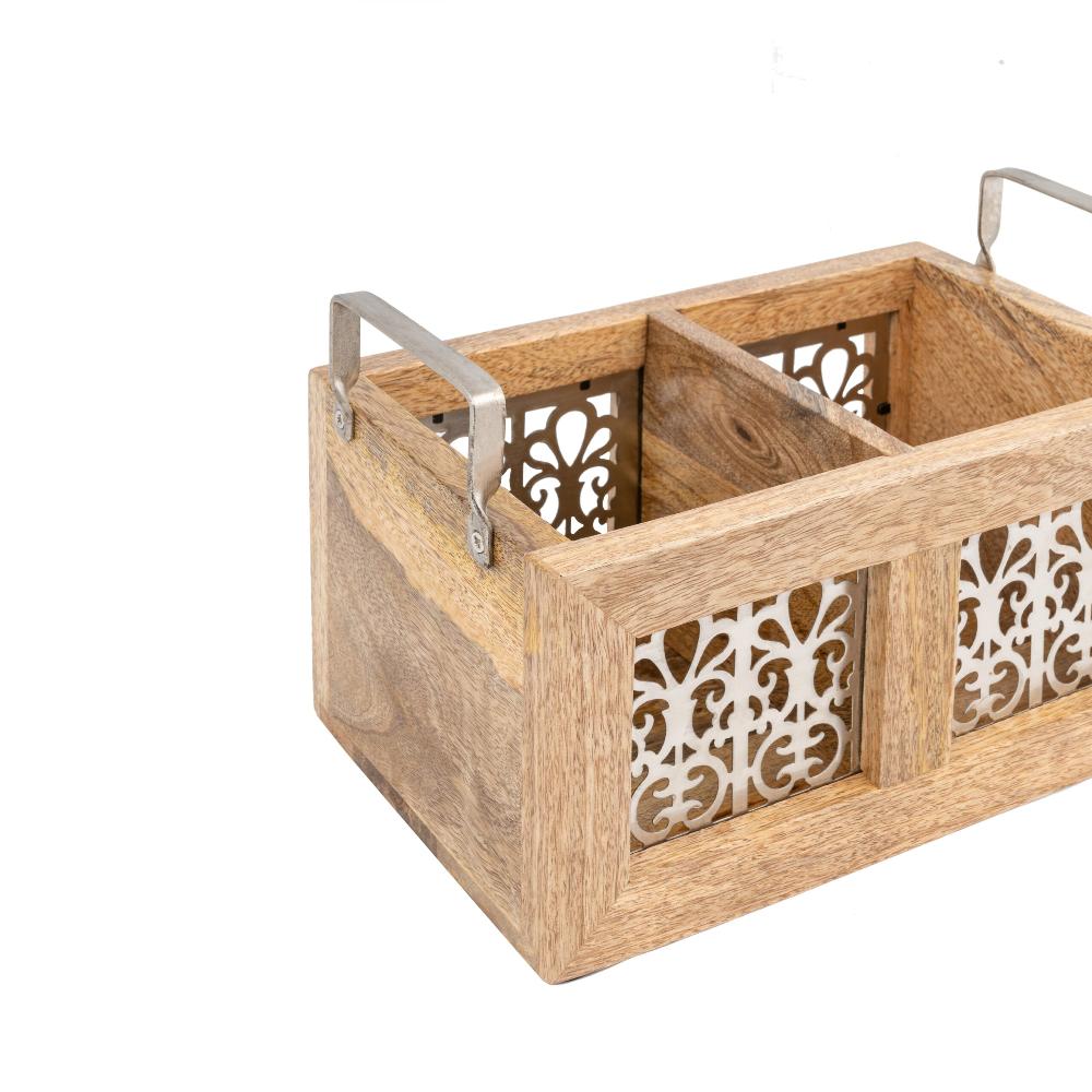 Handcrafted Mango Wood Two-Division Cutlery/Storage Caddy