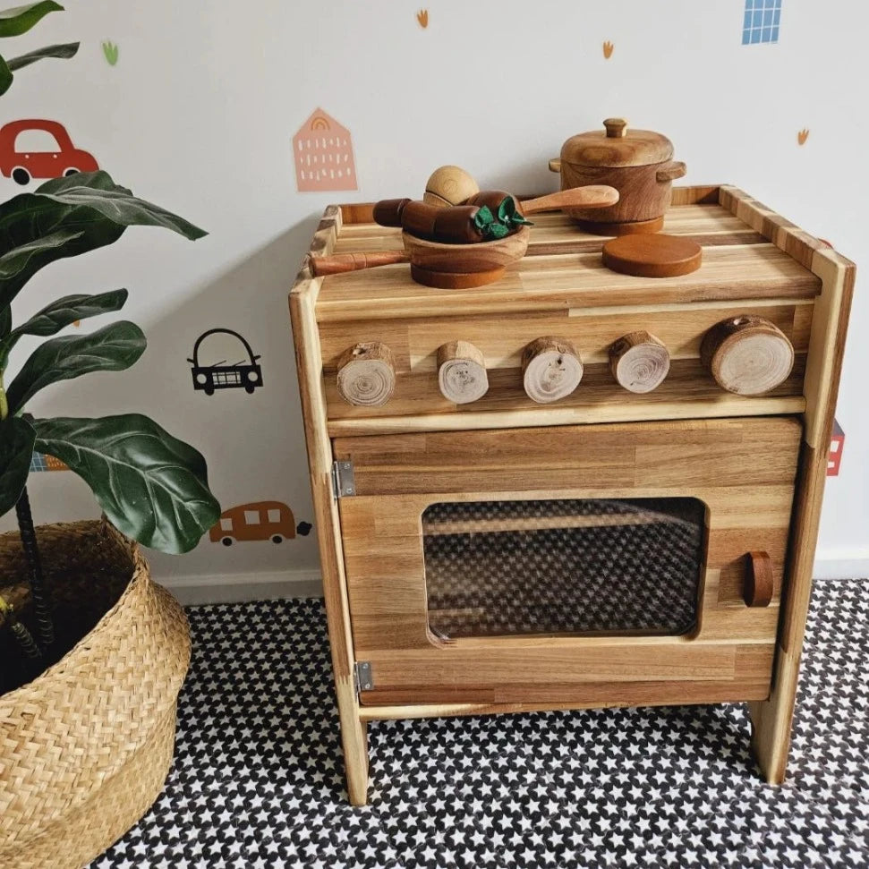 Handcrafted Natural Wooden Stove Playset