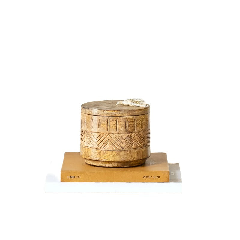 Handcrafted Round Box with Aztec Carving - 15x15x12cms