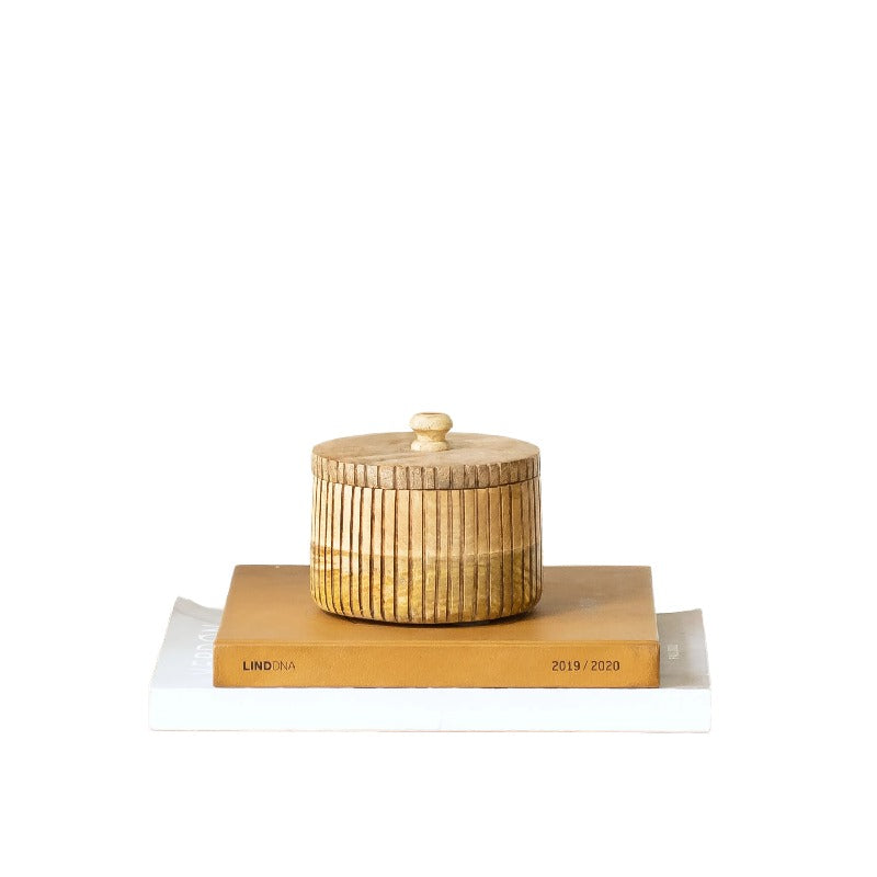 Handcrafted Round Box with Linear Carving - 15x15x15cms