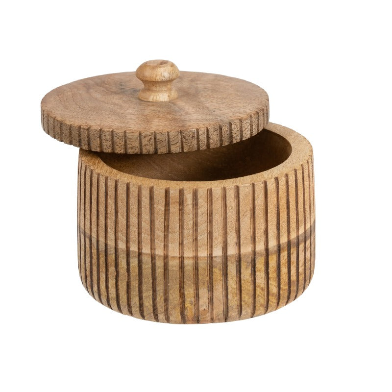 Handcrafted Round Box with Linear Carving - 15x15x15cms