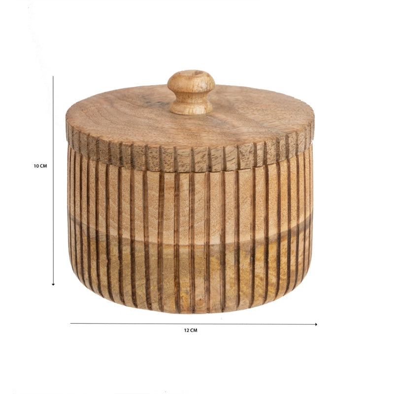 Handcrafted Round Box with Linear Carving - 15x15x15cms