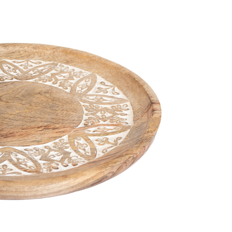 Handcrafted Round Mango Wood Carved Platter Tray