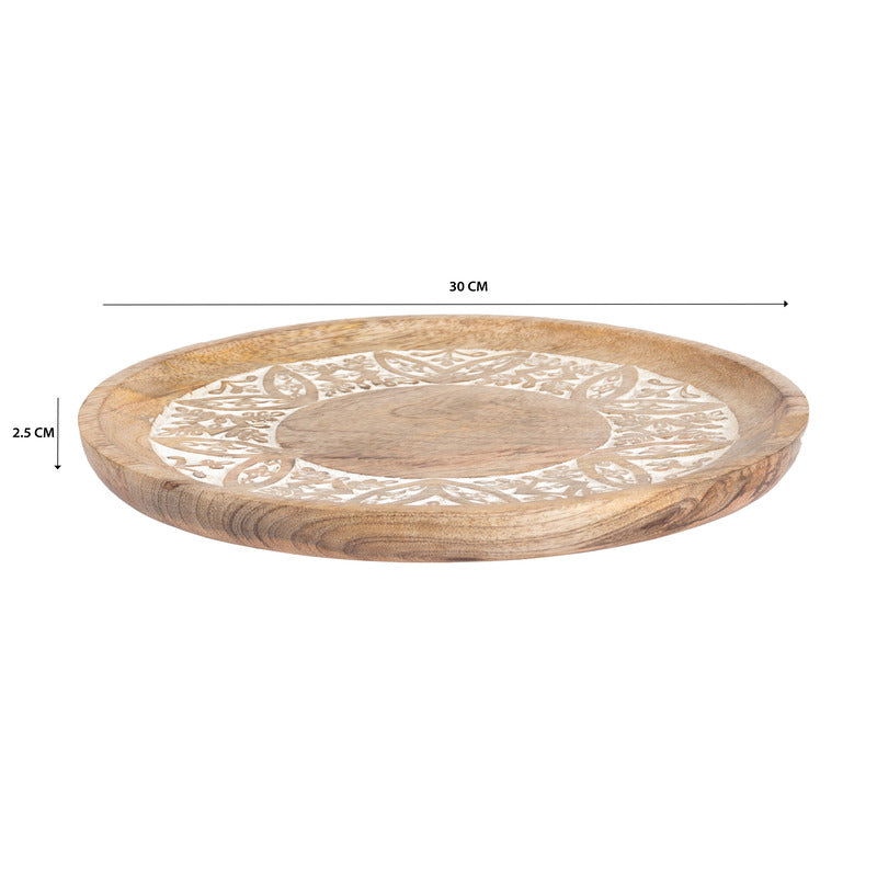 Handcrafted Round Mango Wood Carved Platter Tray