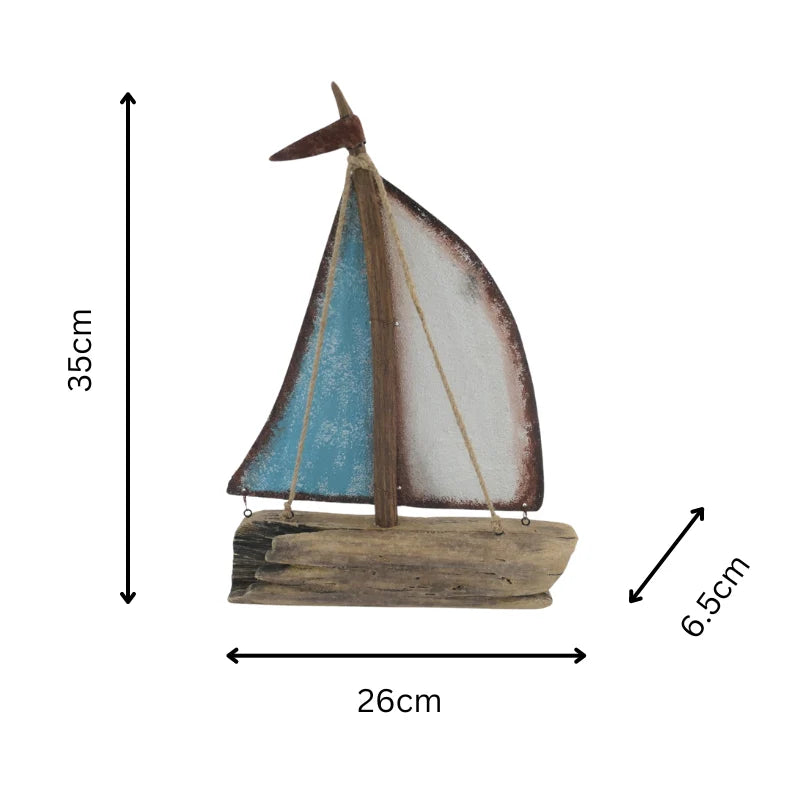 Handcrafted Sailboat with Blue & Whitewash - 26×6.5x35cms