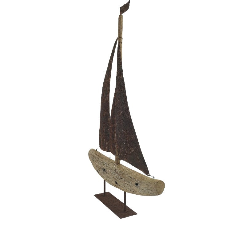 Handcrafted Timber & Rust Metal Sailboat - 47×8.5x70cms