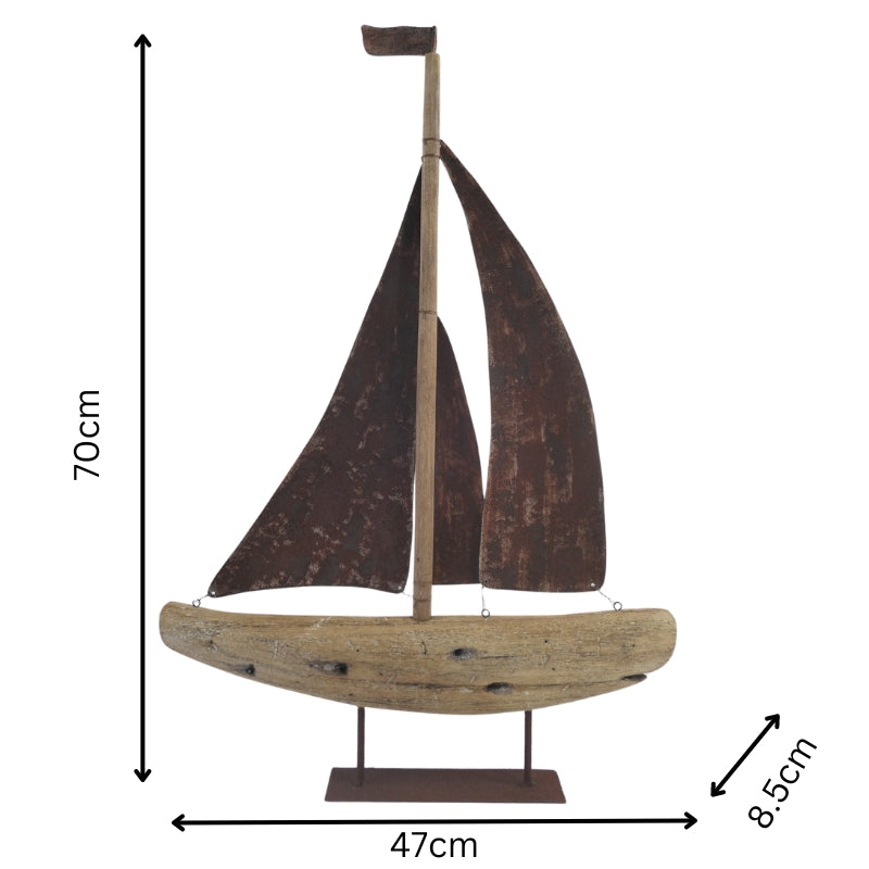 Handcrafted Timber & Rust Metal Sailboat - 47×8.5x70cms