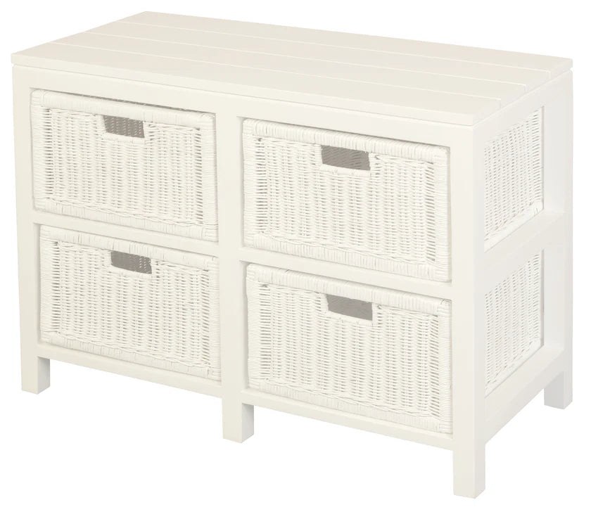 Handcrafted White Rattan 4-Drawer Cabinet - White