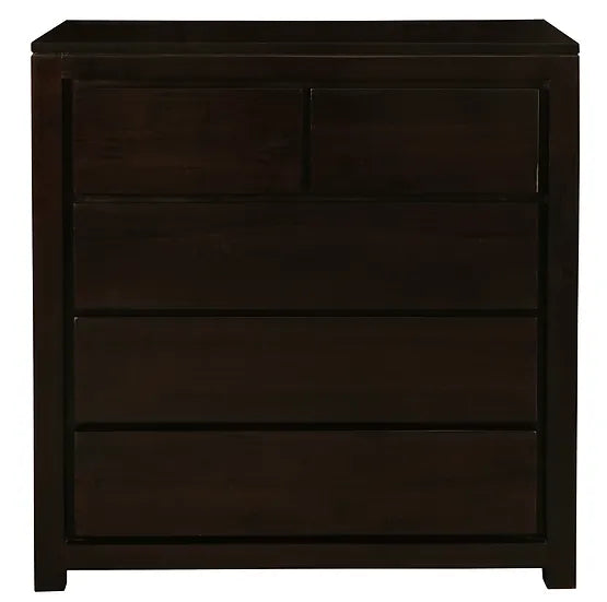 Handcrafted Wooden 5 Drawer Tallboy - Dark Brown