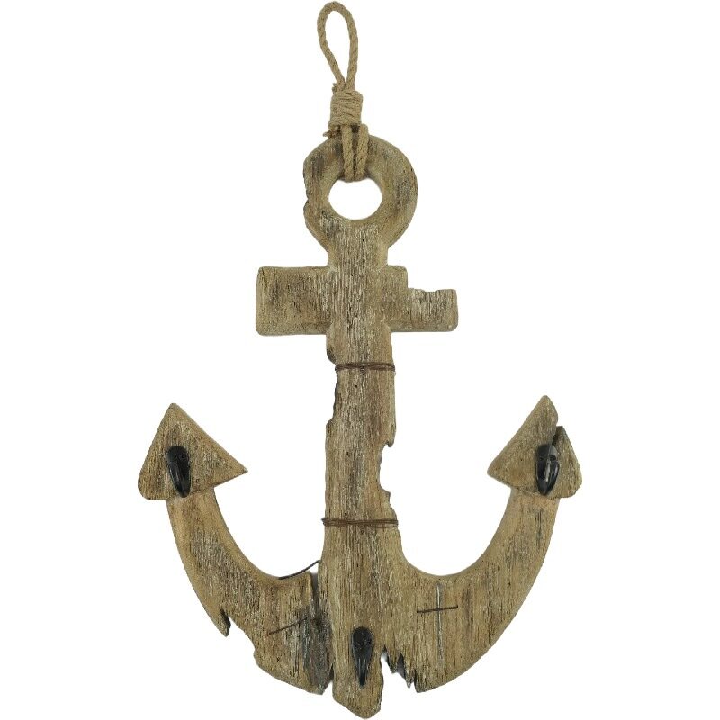 Handcrafted Wooden Anchor Wall Hanging with 3 Hooks - 39.5x6.5x63cms