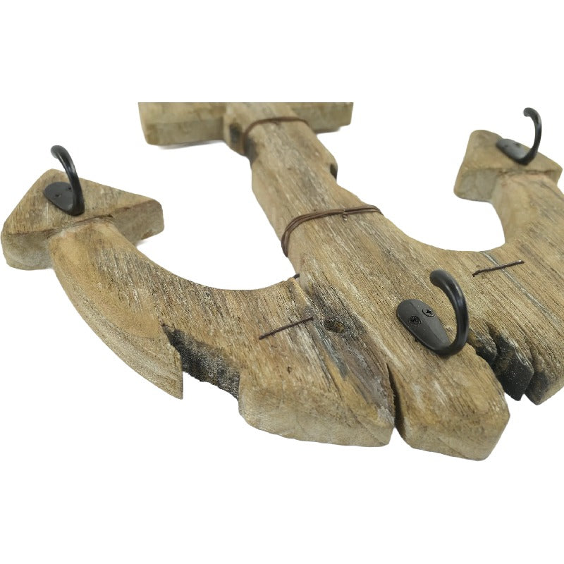 Handcrafted Wooden Anchor Wall Hanging with 3 Hooks - 39.5x6.5x63cms