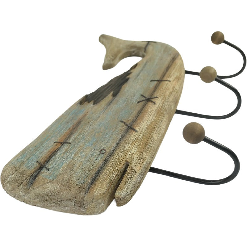 Handcrafted Wooden Whale Wall Hanging with 3 Hooks - 56x11x39cms