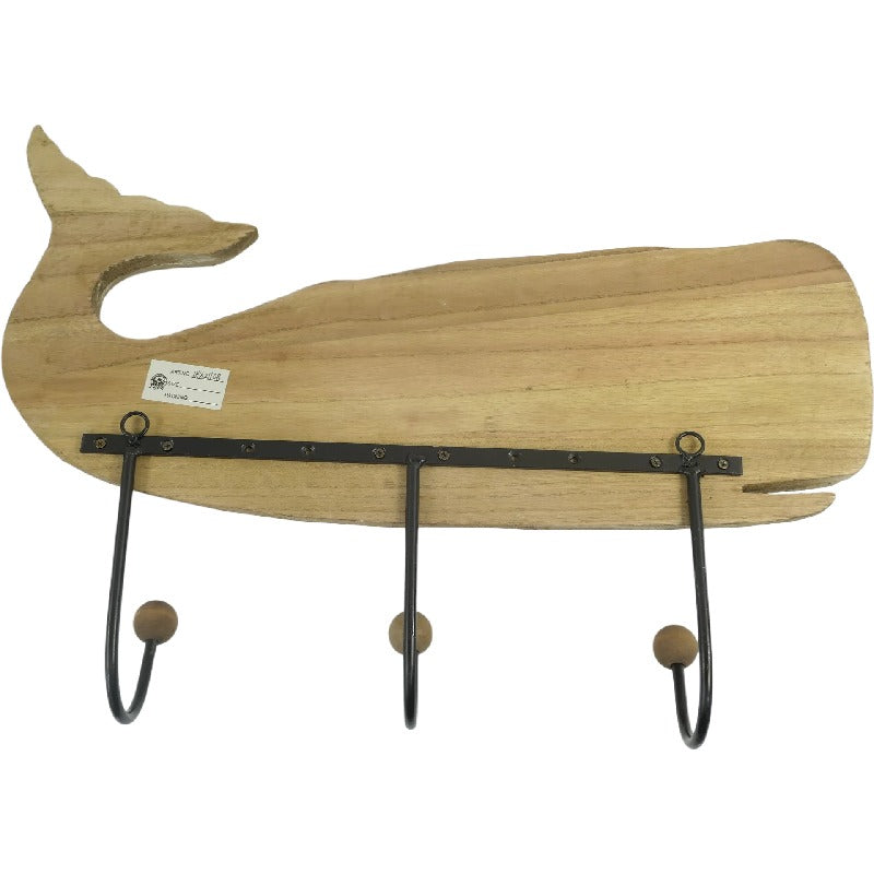 Handcrafted Wooden Whale Wall Hanging with 3 Hooks - 56x11x39cms