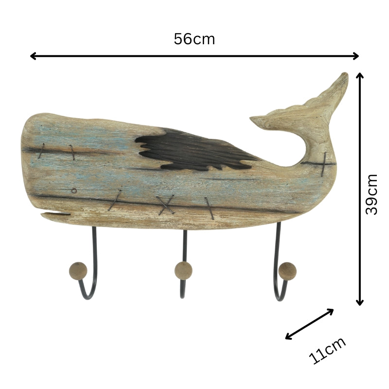 Handcrafted Wooden Whale Wall Hanging with 3 Hooks - 56x11x39cms