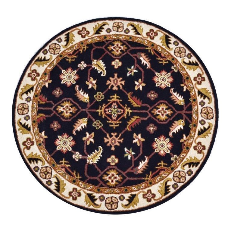 Handmade Black & Cream Floral Wool Rug - Round