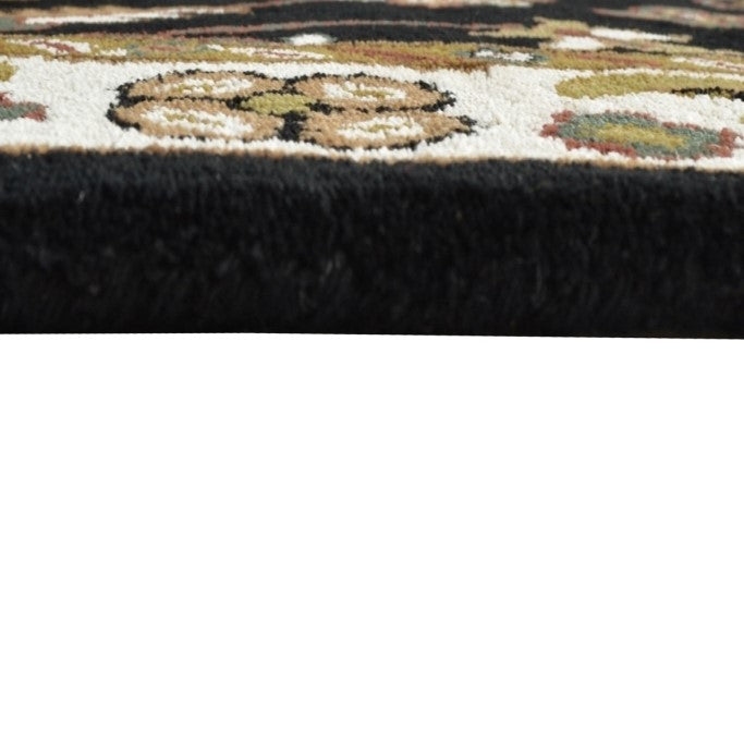 Handmade Black & Cream Floral Wool Rug - Floor Runner