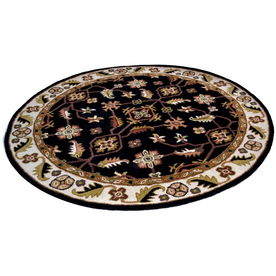 Handmade Black & Cream Floral Wool Rug - Round