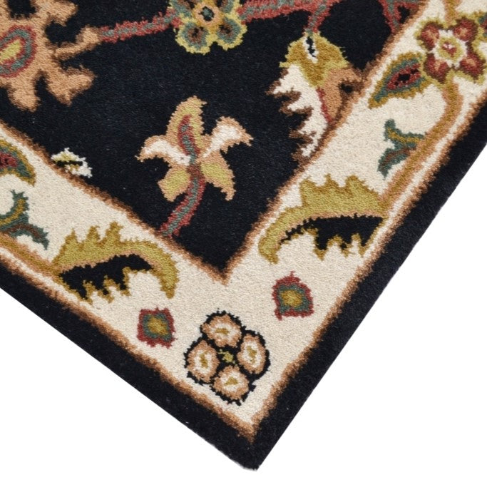 Handmade Black & Cream Floral Wool Rug - Floor Runner