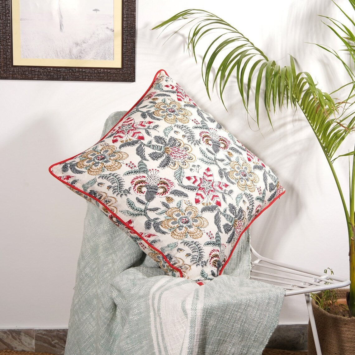 Handmade Floral Cotton Cushion cover 50 x 50cms - White