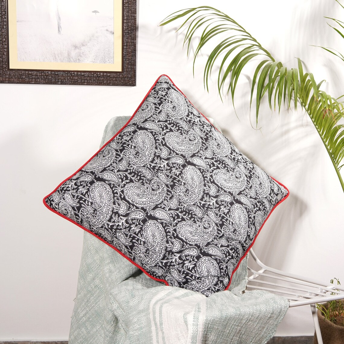 Handmade Floral Inspired Cotton Cushion Cover 50 x 50cms - Black