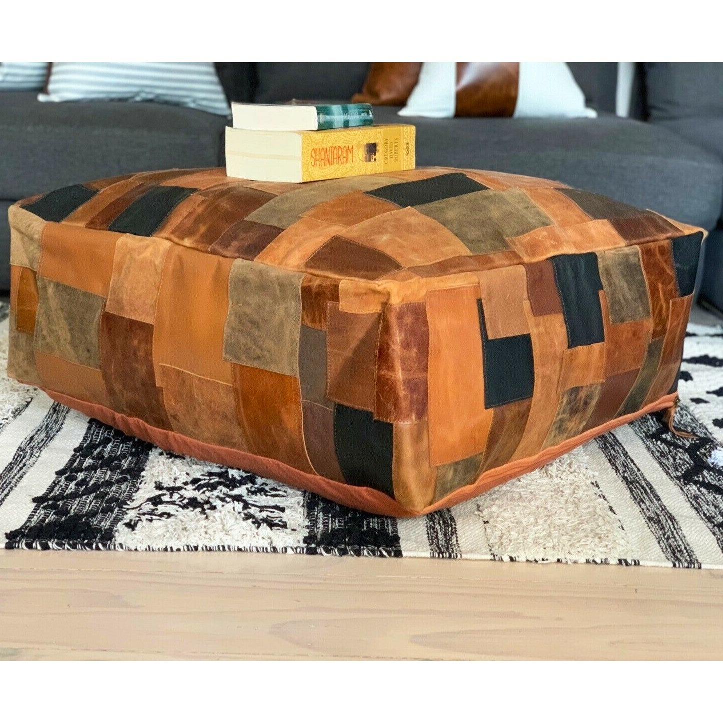 Handmade Patchwork Ottoman Cover - Brown