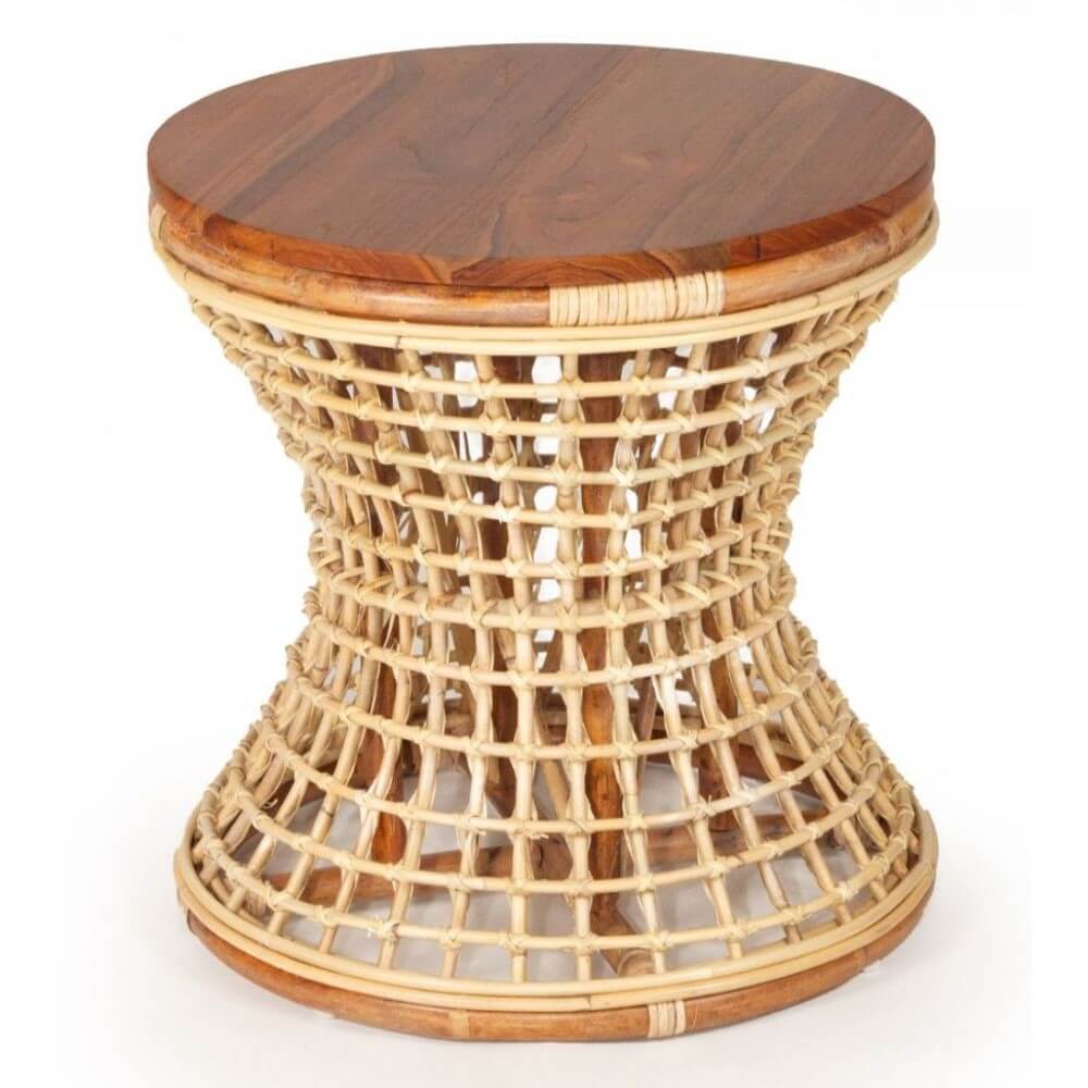 Hollow Rattan Natural Finish Bedside Table Wooden Top