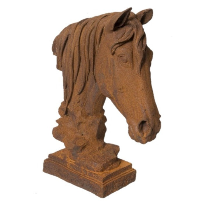 Outdoor Cast Iron Horse Head Down Garden Statue - Rusty Finish