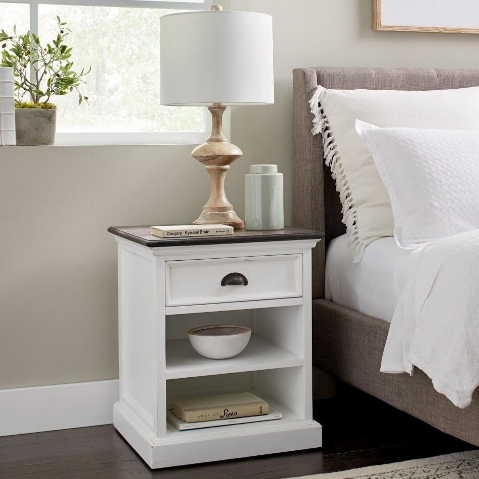 Iconic Bedside Table with 1 Drawer 2 Shelves White W/ Brown Top