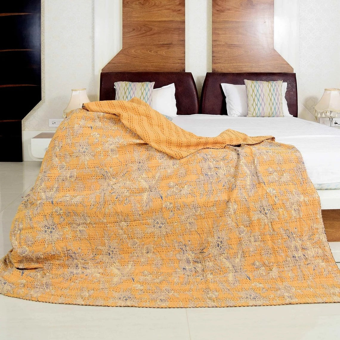 Indian Handmade Leaf Design Doona King Size-Yellow