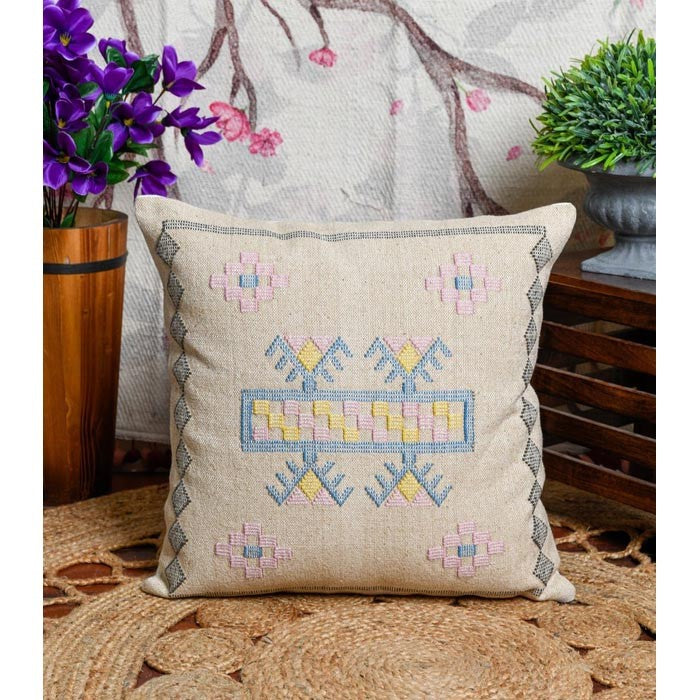 Ivory Embroidered Cotton Cushion Cover 50 x 50cms