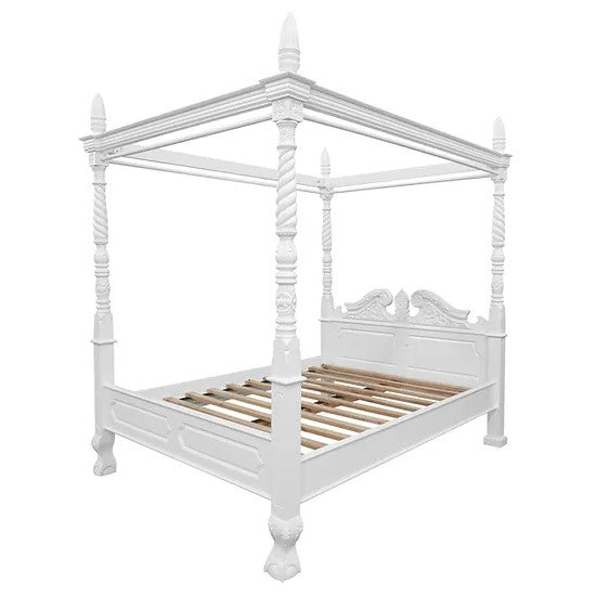 Jepara Solid Mahogany 4 Poster Bed King Size - White