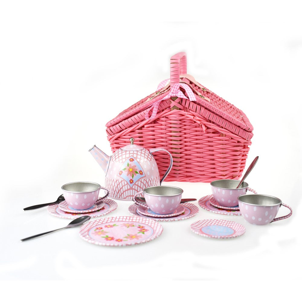 Kids Play Tin Tea Set In Picnic Basket - Flora 18Pcs