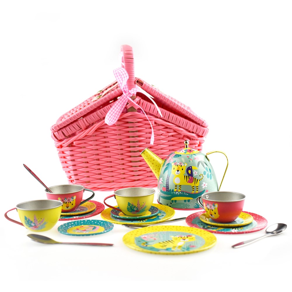 Kids Play Tin Tea Set In Picnic Basket - Tiger 18Pcs