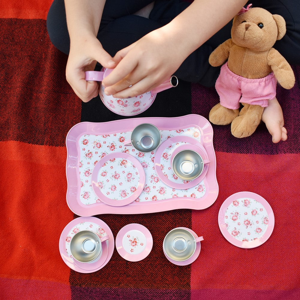 Kids Play Tin Tea Set - Pink Rose 15Pcs