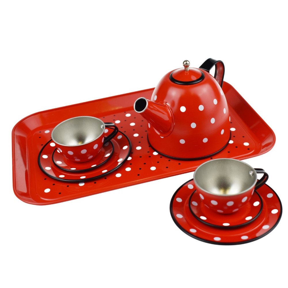 Kids Play Tin Tea Set - White Polka Dots 15Pcs