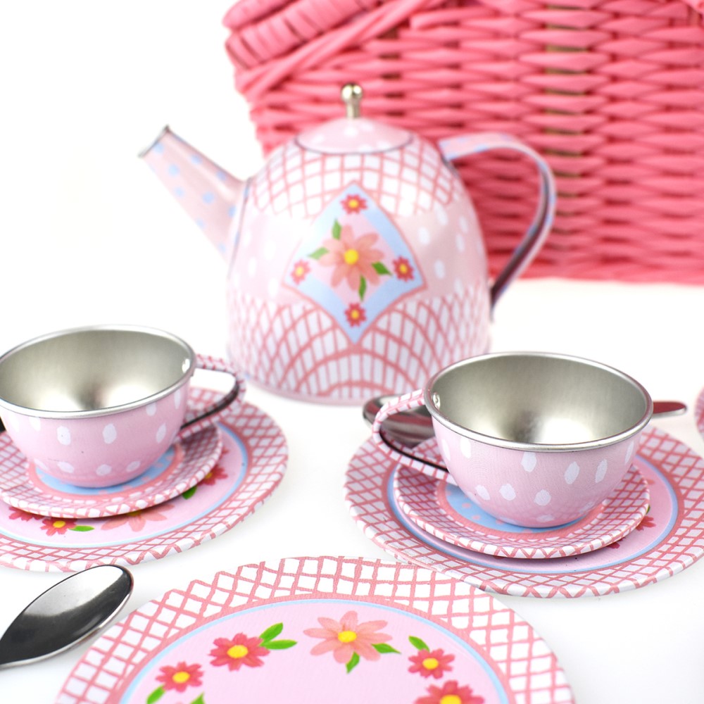 Kids Play Tin Tea Set In Picnic Basket - Flora 18Pcs