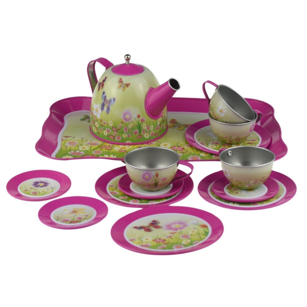 Kids Play Tin Tea Set - Pink Butterfly 15Pcs