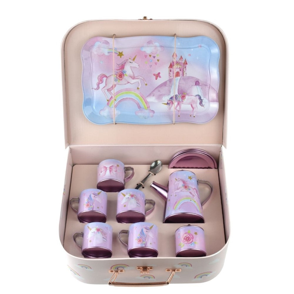 Kids Play Tin Tea Set In Suitcase - Rainbow Unicorn 18Pcs