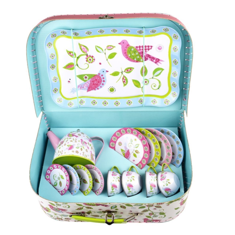 Kids Play Tin Tea Set In Suitcase - Birds 15Pcs