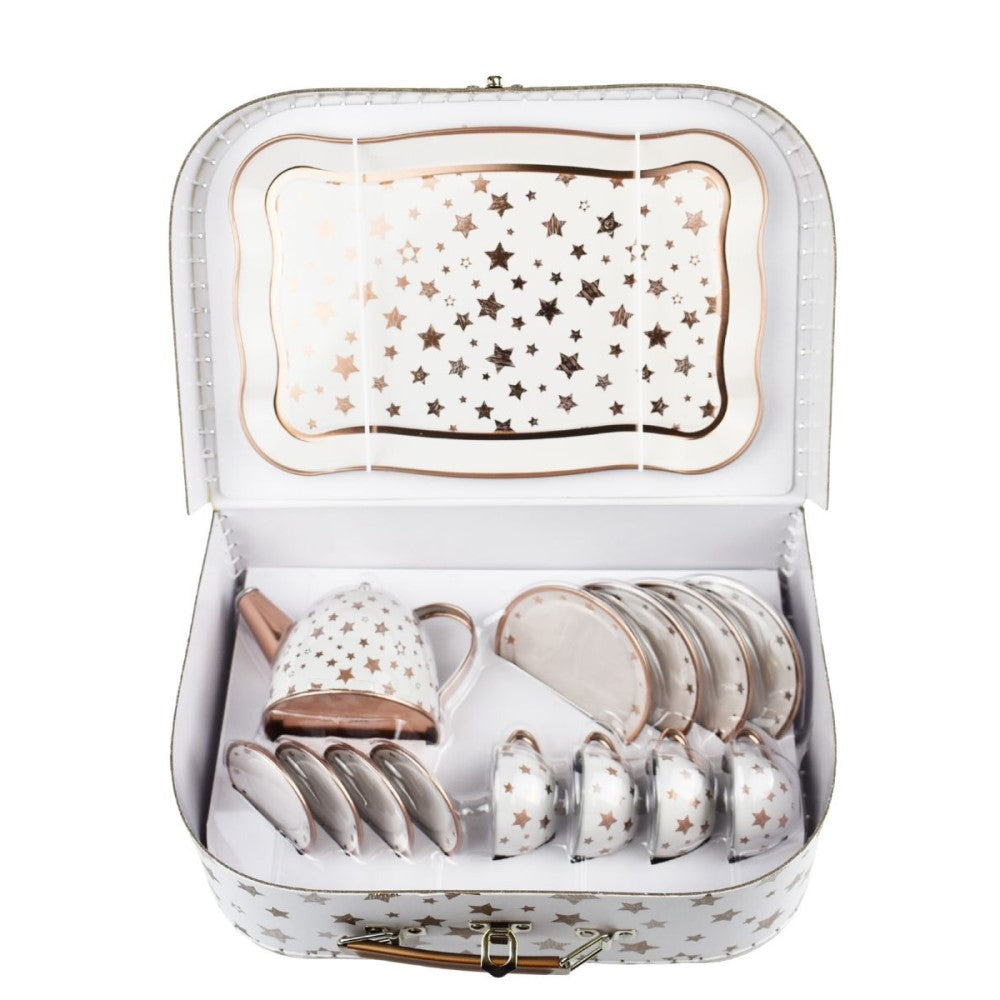 Kids Play Tin Tea Set In Suitcase - Gold Star 15Pcs