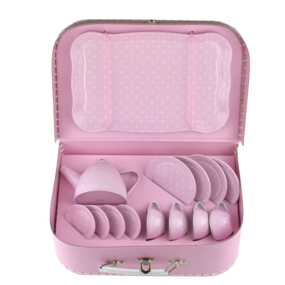 Kids Play Tin Tea Set In Suitcase - Pink 15Pcs