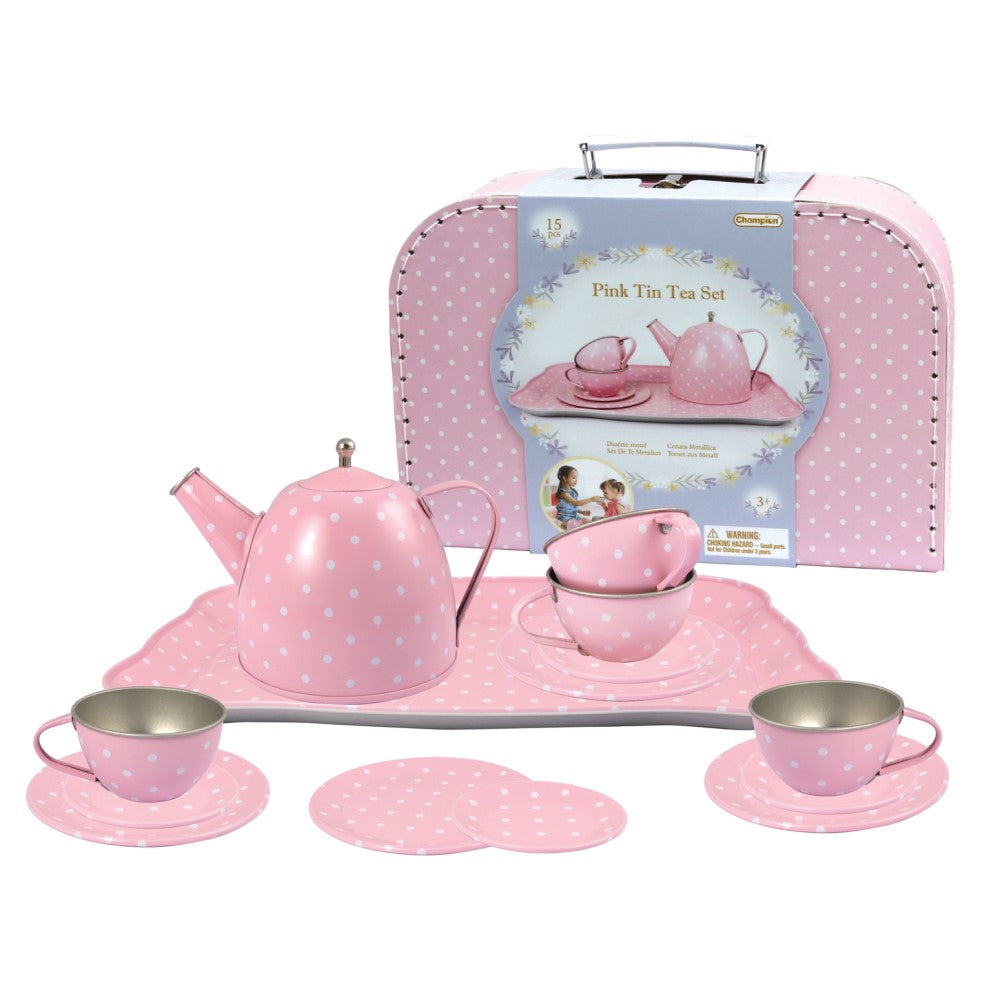 Kids Play Tin Tea Set In Suitcase - Pink 15Pcs